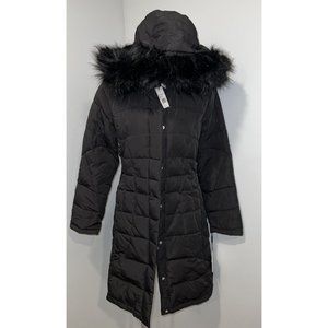 New Calvin Klein Black Faux Fur Trim Hooded Maxi Puffer Coat Jacket Women XS